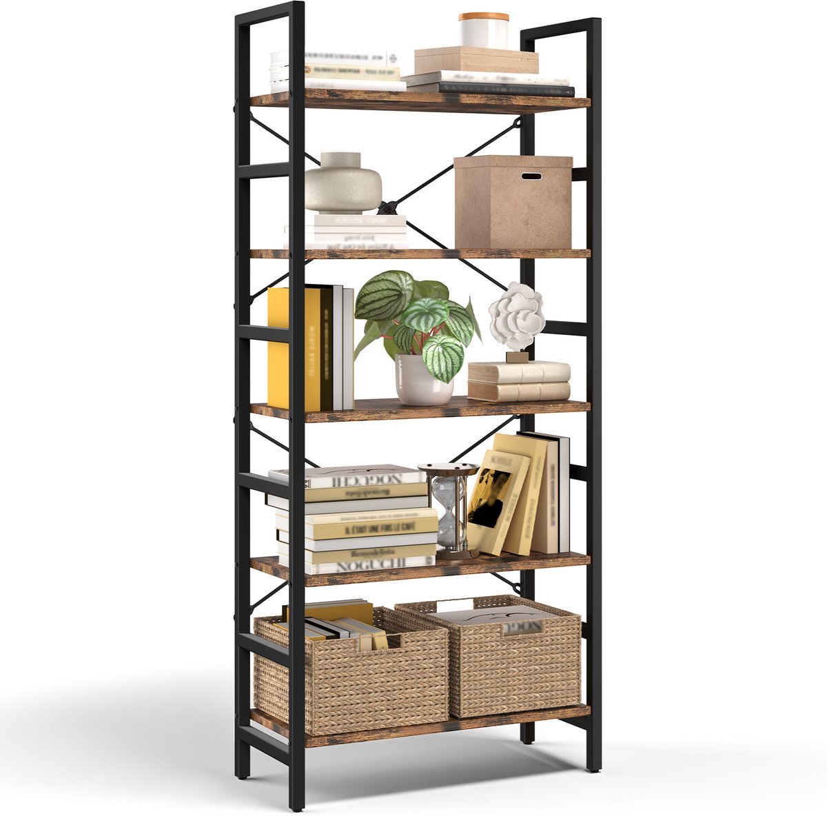 HOKEEPER Boekenkast met 5 Planken - Open Kast - Opbergrek van Hout en Staal - Industrieel Staand Rek voor Woonkamer - Slaapkamer - Kantoor en Keuken - 60 x 34 x 158 cm - Zwart