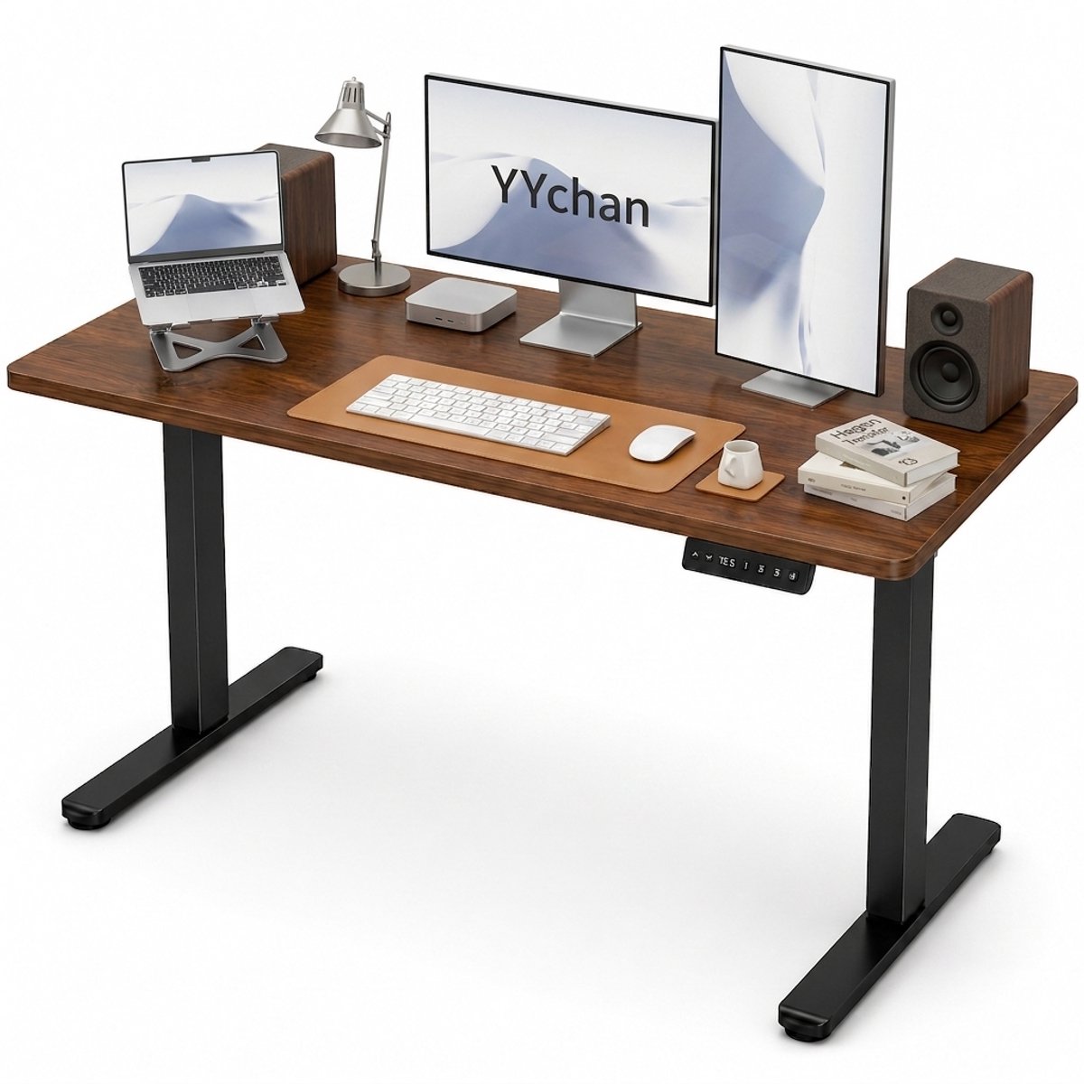 YYchan Bureau Elektrisch Verstelbaar 140x60 - Zit Sta Bureau met Geheugenfunctie - Eendelig Werkblad & Stabiel T-Frame - Ergonomisch Gaming Bureau - Walnoot Zwart
