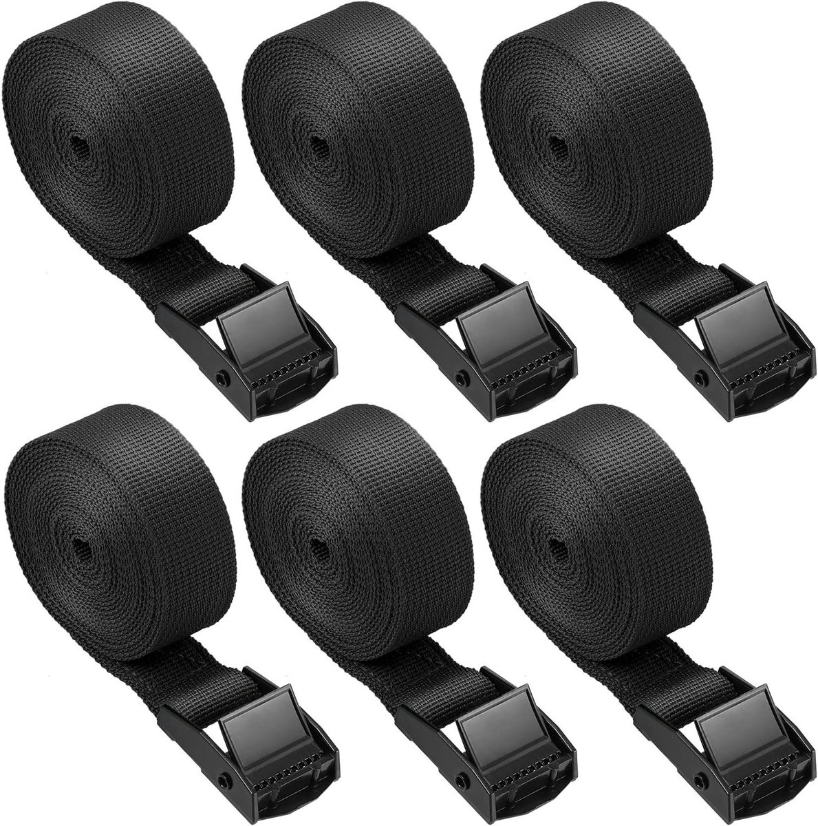 6 Stuks Lashing Straps met Cam Buckle - Sterke Palm Straps voor Motorfietsen, Fietsen en Bagage (250x2.5cm, Zwart)