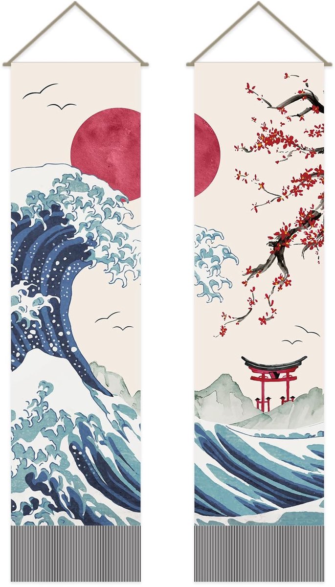 Dailygoods- Wandtapijt Japanse Wave - Wandkleed Oceaangolf - Wandtapijt Rood - Kwastafwerking - 33 x 130 cm - Decoratie voor Kamer - Muurtapijt