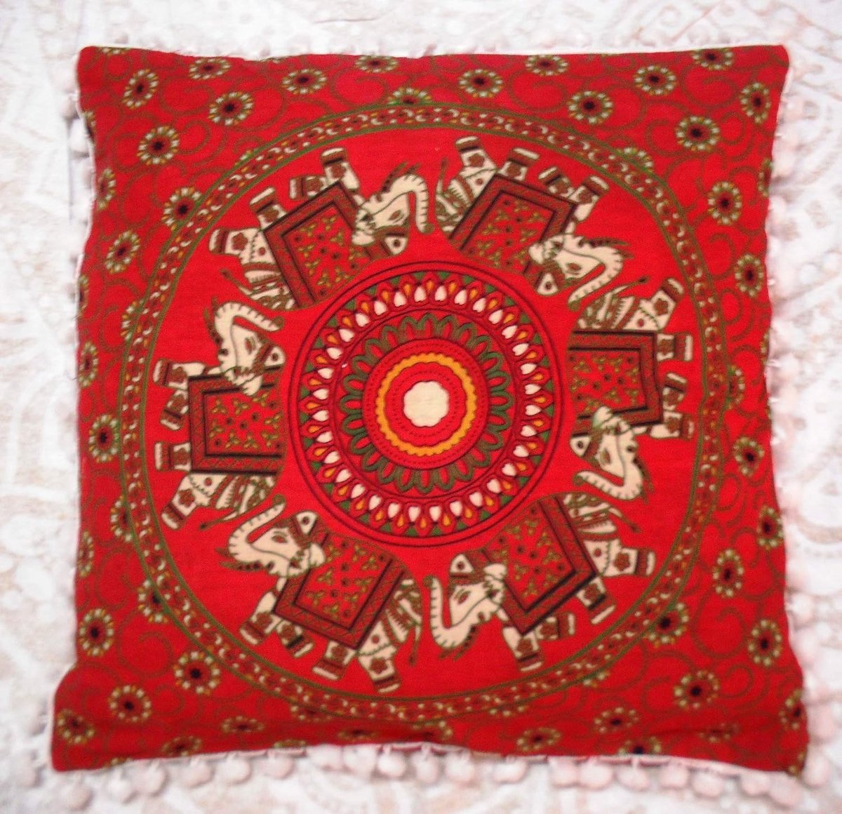 Kussenhoes - Poefhoes Decoratie - Woonkamer Aankleden - Met Pompon Kant - 40x40 cm - Multicolor