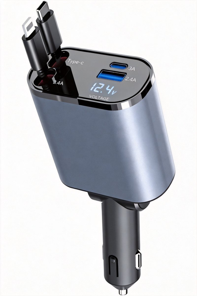 Leba 120W Autolader USB C - Autolader USB C & Lightning - Veilig en Compact - Auto snellader - 12-24V - Sigaretten Aansteker Adapter - 80CM uittrekbare kabels