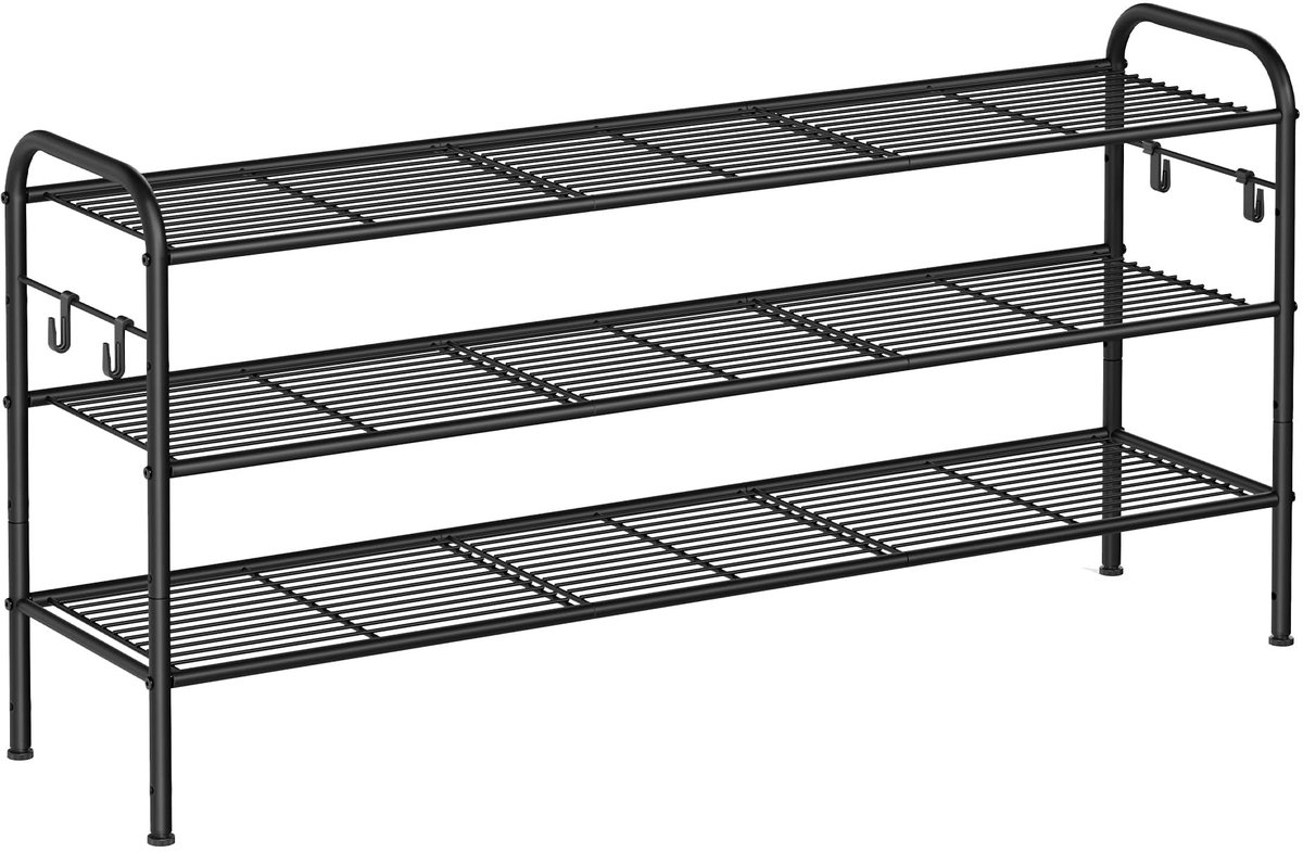 Dailygoods- Schoenenrek 3-laags - Metalen Schoenenrek - Verstelbare Plank - Zwart - 4 Zijhaken - Maximaal Draagvermogen 34 kg - Schoenenopberger