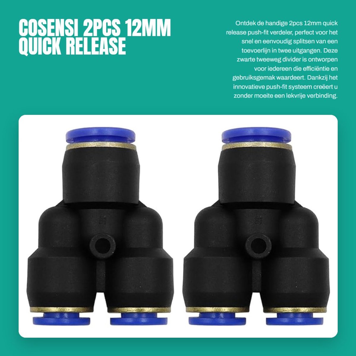Dailygoods- Tweewegverdeler 12mm - Push-fit Aansluiting - Corrosiebestendig - Eenvoudige Installatie - Levensduur Verlengend - Lekvrije Verbinding - Verdeler