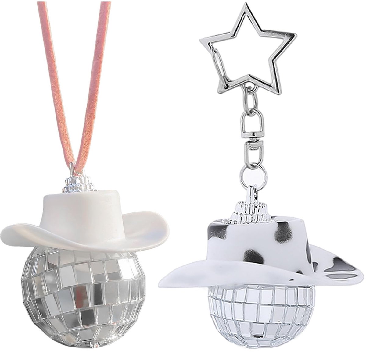 Dailygoods- Autoaccessoires Discobal Cowboyhoed - Sleutelhanger - Grappige Hanger - Decoratie - Robuust Spiegelkogelglas - Zilver 35 mm - Autohanger
