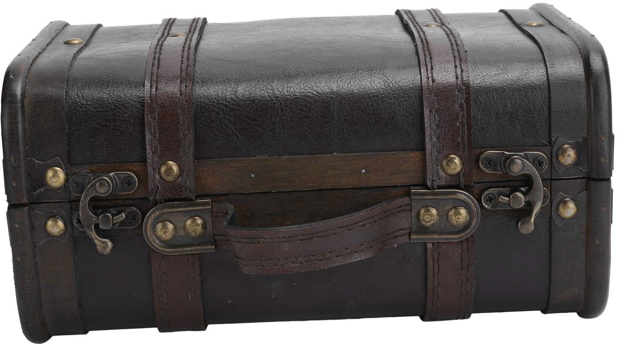 Dailygoods- Opbergkist Vintage Houten - Oorbellen/Kettingen Organizer - Antieke Schatkist - Gespsluiting - Lederen Bekleding - Afsluitbaar - Sieradenkoffer