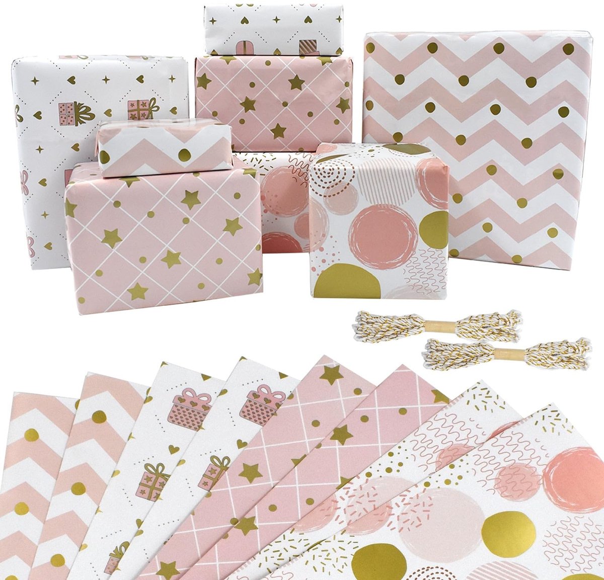 Dailygoods - 8 vellen 50x70cm roze inpakpapier, met touw, recycleerbaar verjaardagscadeau inpakpapier perfect voor verjaardagen, bruiloften, Valentijnsdag en kerstdecoraties