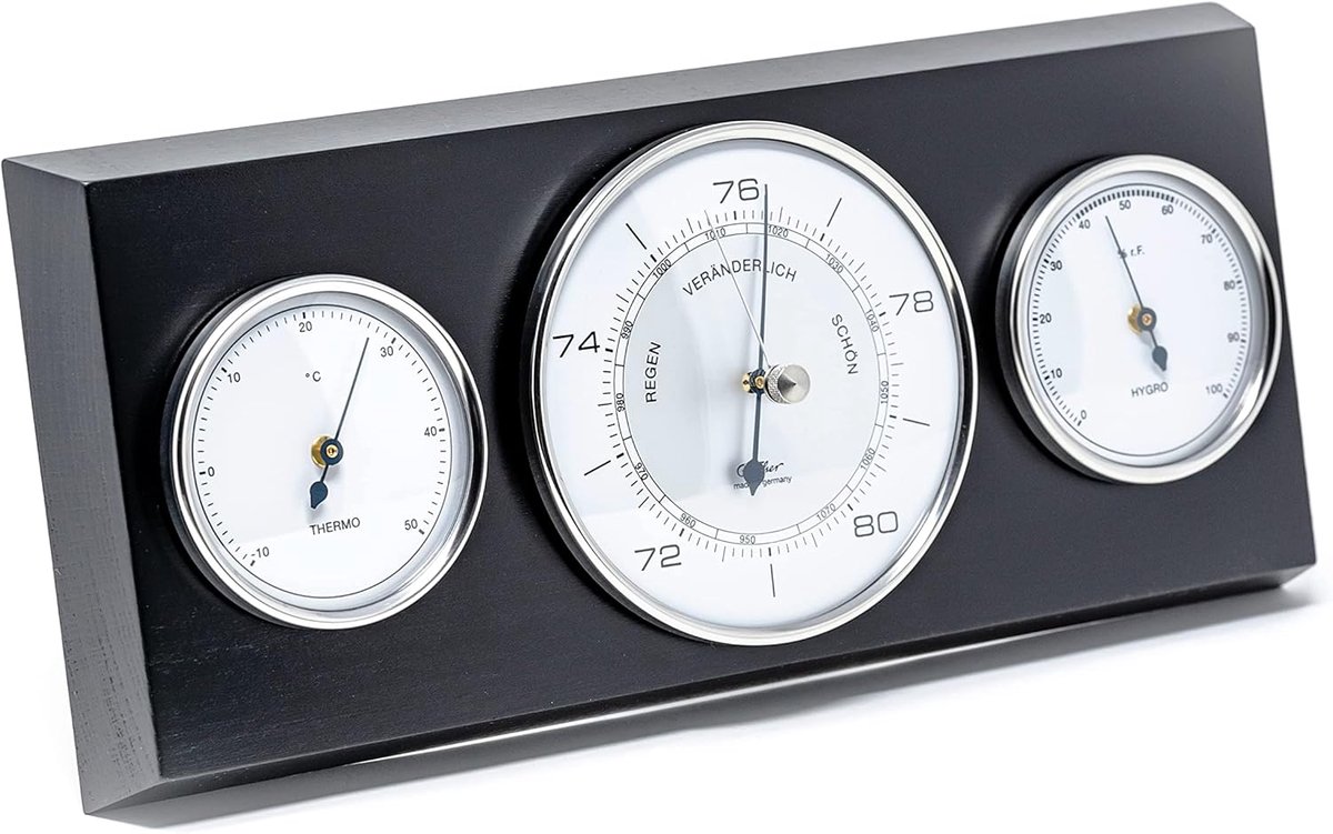 Zwart Weerstation met Barometer, Hygrometer en Thermometer - 285x125 mm