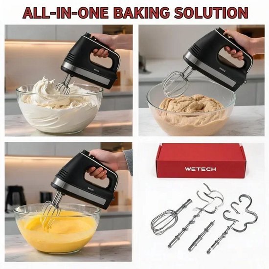 Handmixer 300W - 5 Snelheden + Turbo - Elektrische Mixer met Gardes en Deeghaken - Zwart — afbeelding 4