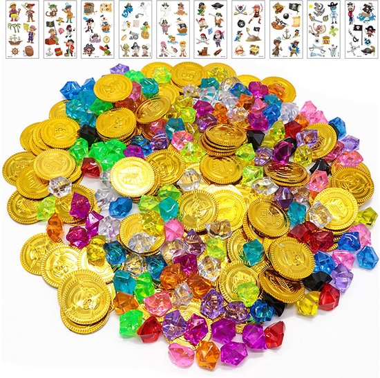 Dailygoods- Edelstenen Set - Piraten Thema - 160 Gouden Munten - Schatzoeken - Verjaardag Geschenken - Kinderen - 10 Tatoeagestickers - Schatten