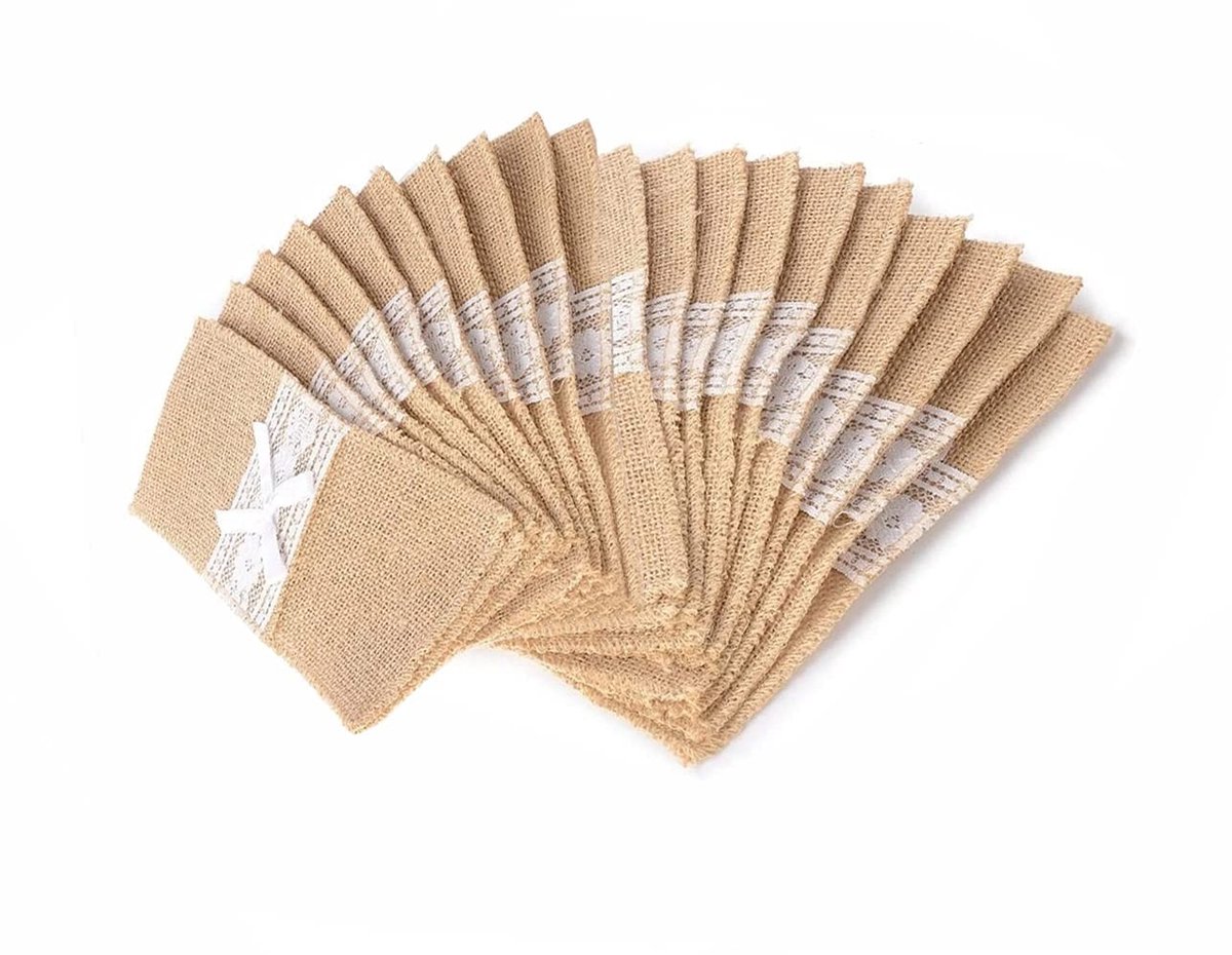 Dailygoods- Bestekhouder 6 Stuks - Natuurlijke Jute - Vintage/Rustiek - Servieszak - Tafeldecoratie - Bruiloft/Feest