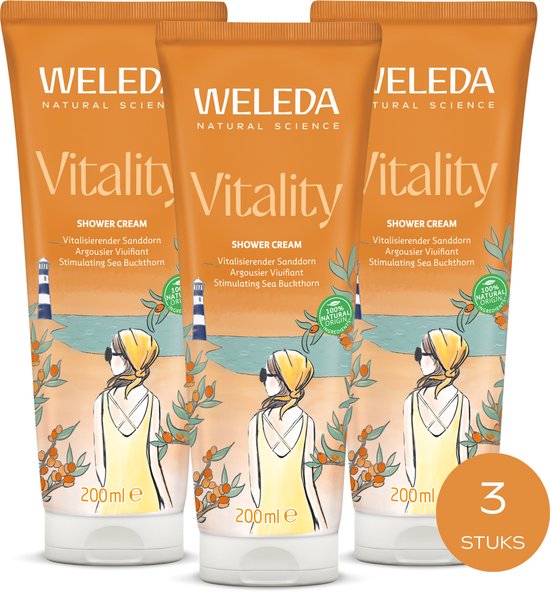 Trois tubes orange de Crème Douche Vitalité Weleda avec illustration d'une femme sur la plage. 100% NATUREL.