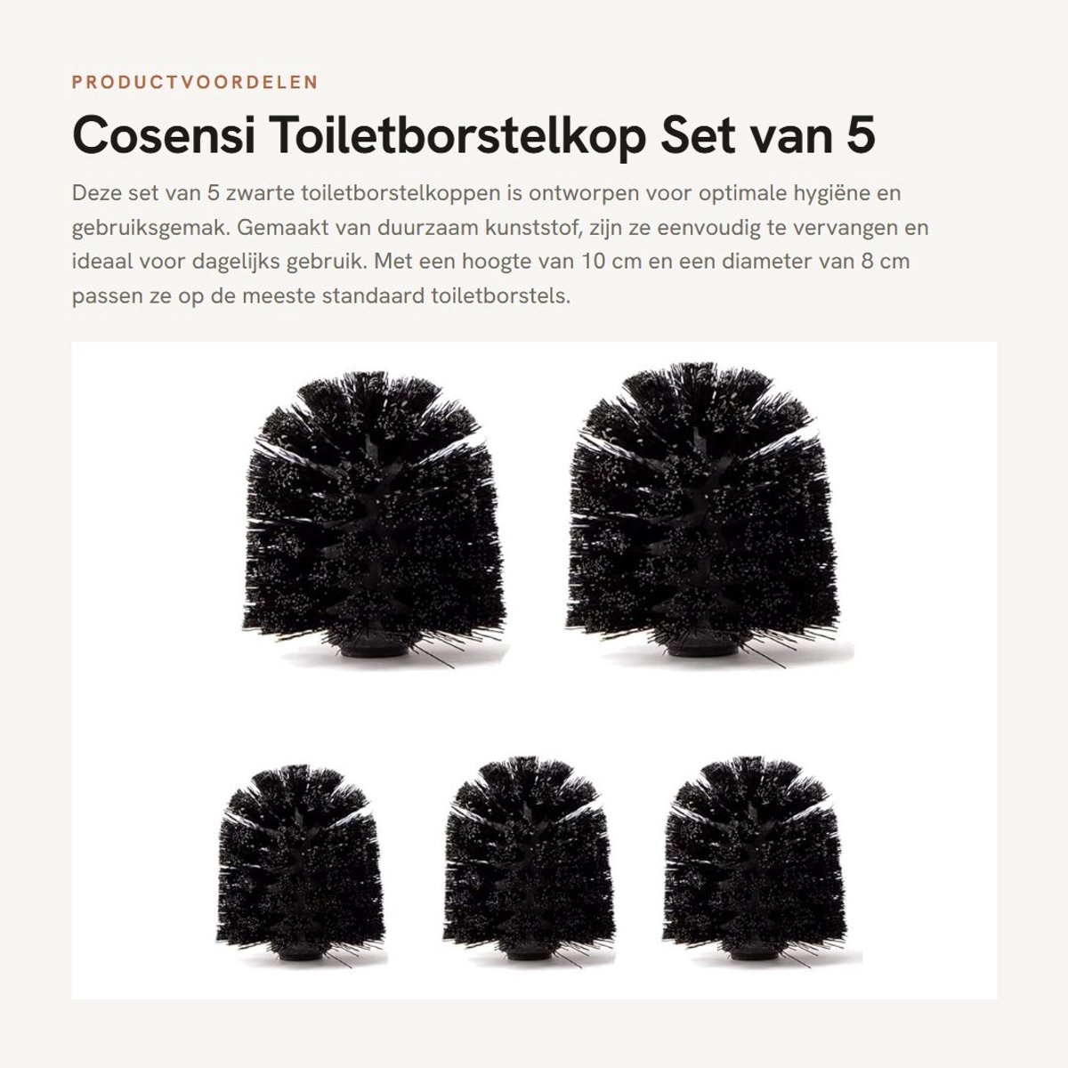 Dailygoods- Toiletborstelkop Set van 5 - Kunststof - Ø 8 cm - Hoogte 10 cm - Binnenschroefdraad 12 mm - Zwart - Toiletborstel