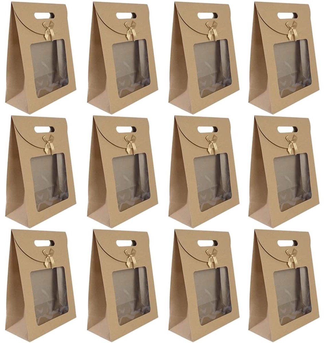 Dailygoods - 20 Stuks Bruine Papieren Zakken Met Venster en Handvat, Cadeauzakjes Voor Het Verpakken Van Snoep, Koekjes, Snacks, 20 x 14 x 7