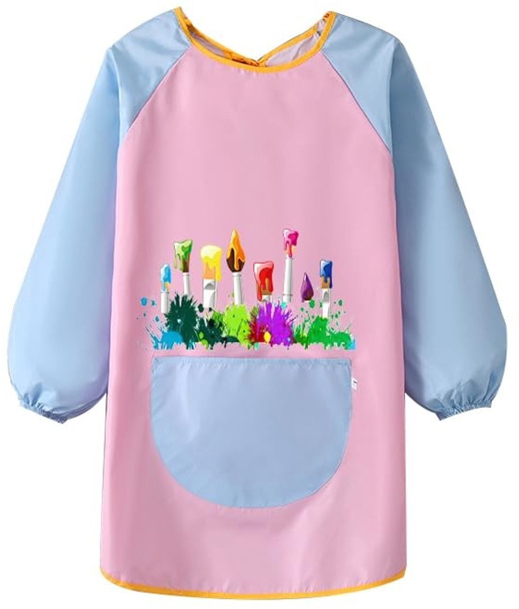 Dailygoods- Schilderjas Waterdicht - Kinderschort met Mouwen - Tweekleurige Naden - Voorvak voor Accessoires - Geschikt voor Kinderen van 6-12 Jaar - Lengte 73 cm