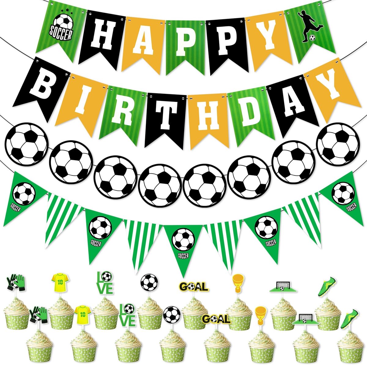 Dailygoods- Voetbal Feestdecoratie Set - 48 Stuks Voetbal Thema - Happy Birthday Banner - Cupcake Toppers - Bunting Vlaggen - Premium Kwaliteit