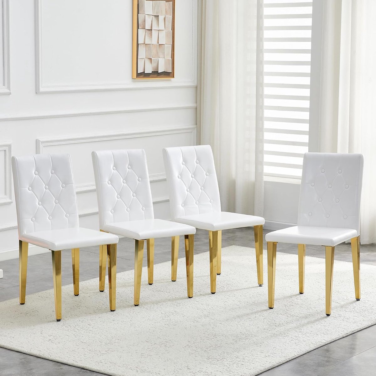 Eetkamerstoelen Set - Zitmeubelen Woonkamer - Gezellig Tafelen - Ruitstiksel Rugleuning - Set van 4 - Wit met Goud