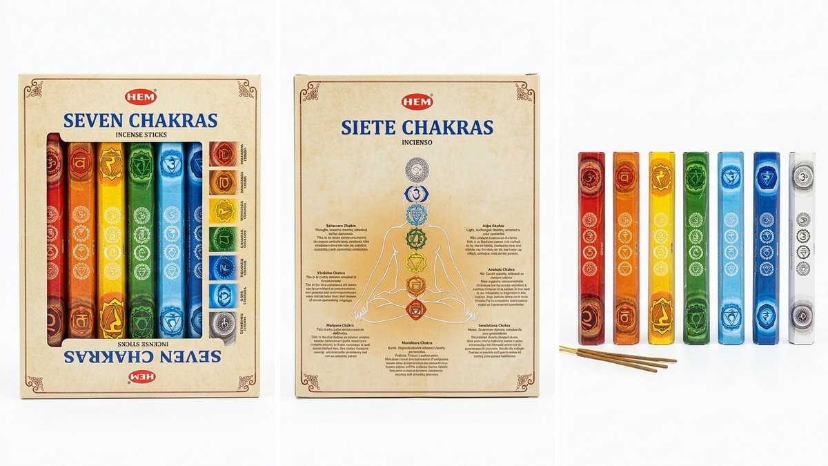 HEM Seven Chakras Wierook Geschenkset – 7 Pakjes van 20 Wierookstokjes voor Meditatie en Balans, Luxe Natuurlijke Wierookstokjes Pakket Healing Met Kajal Sticker