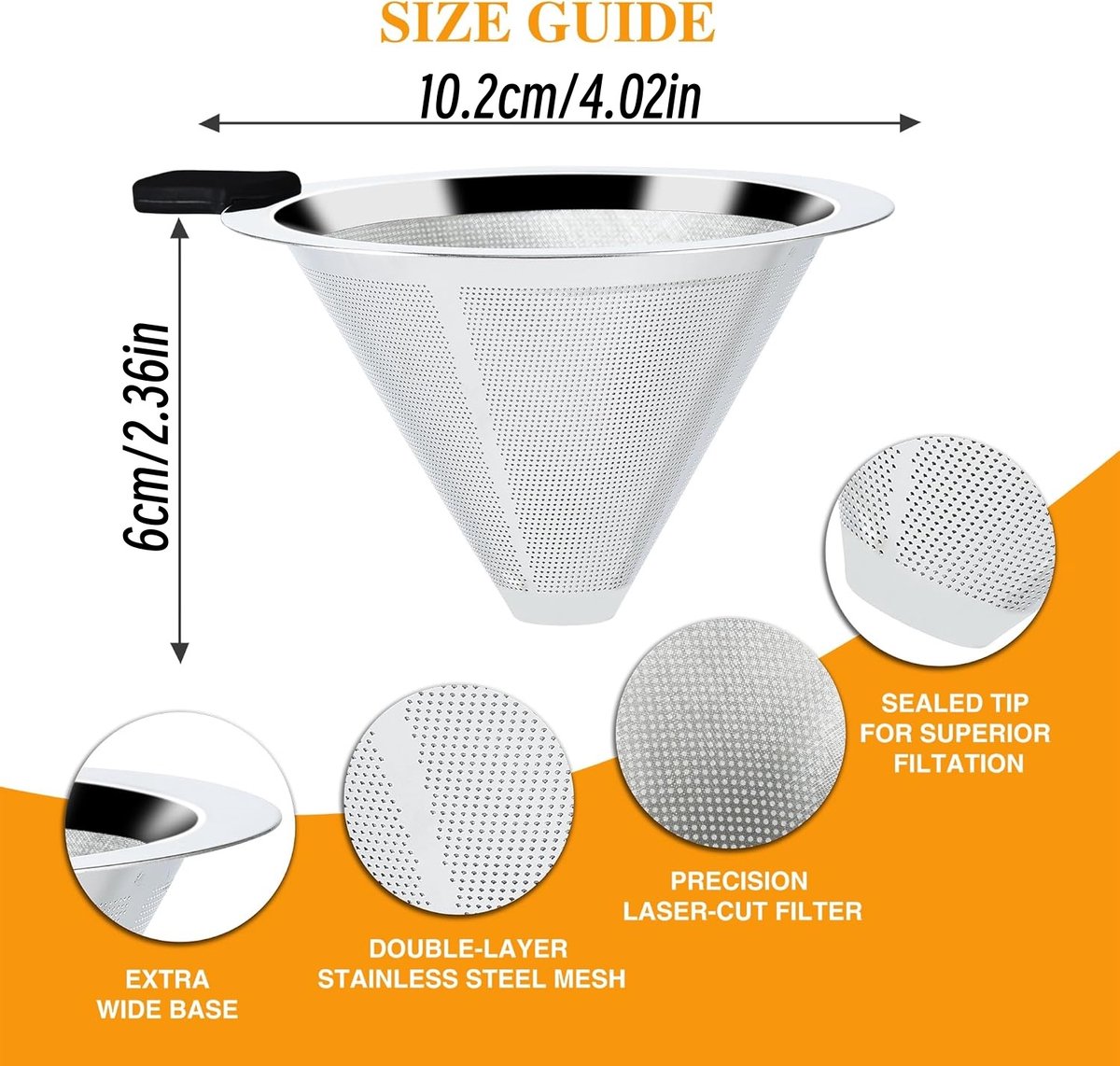 1 stuk - Koffiefilter voor druppelkoffie - Fijn dubbellaags roestvrijstalen koffiefilter - Metalen kegelvormig filter voor opschenken - Filter voor opschenken - Herbruikbaar filter - Geschikt voor het filteren van koffie — cadeau in Kookcadeaus - foto 2