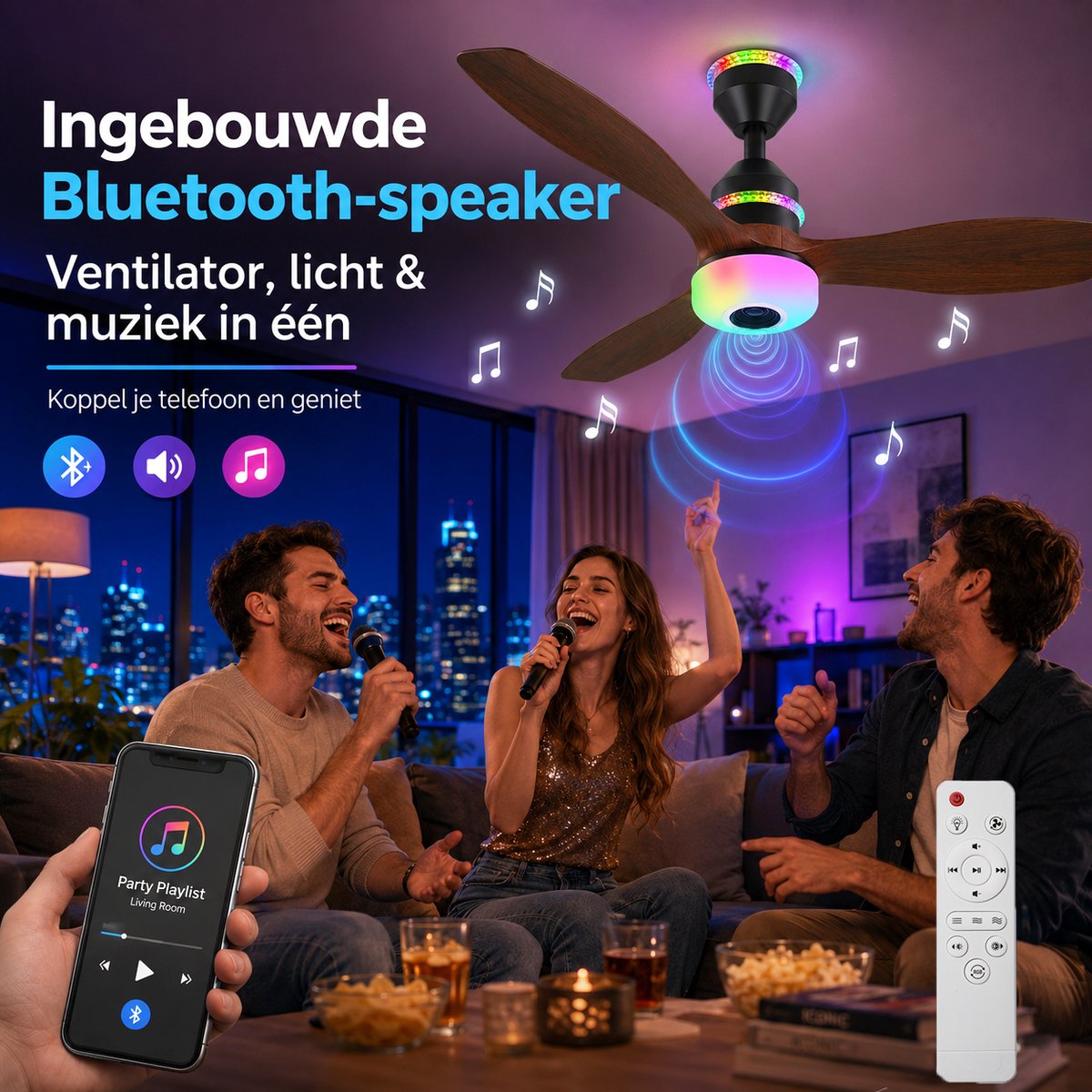 MUPOO Houtlook plafondventilator met verlichting RGB Ø61cm-RGB LED plafonventilator afstandsbediening met Bluetooth Speaker-plafonniere met ventilator met 3 Snelheden & Slaapmodus thumbnail 5