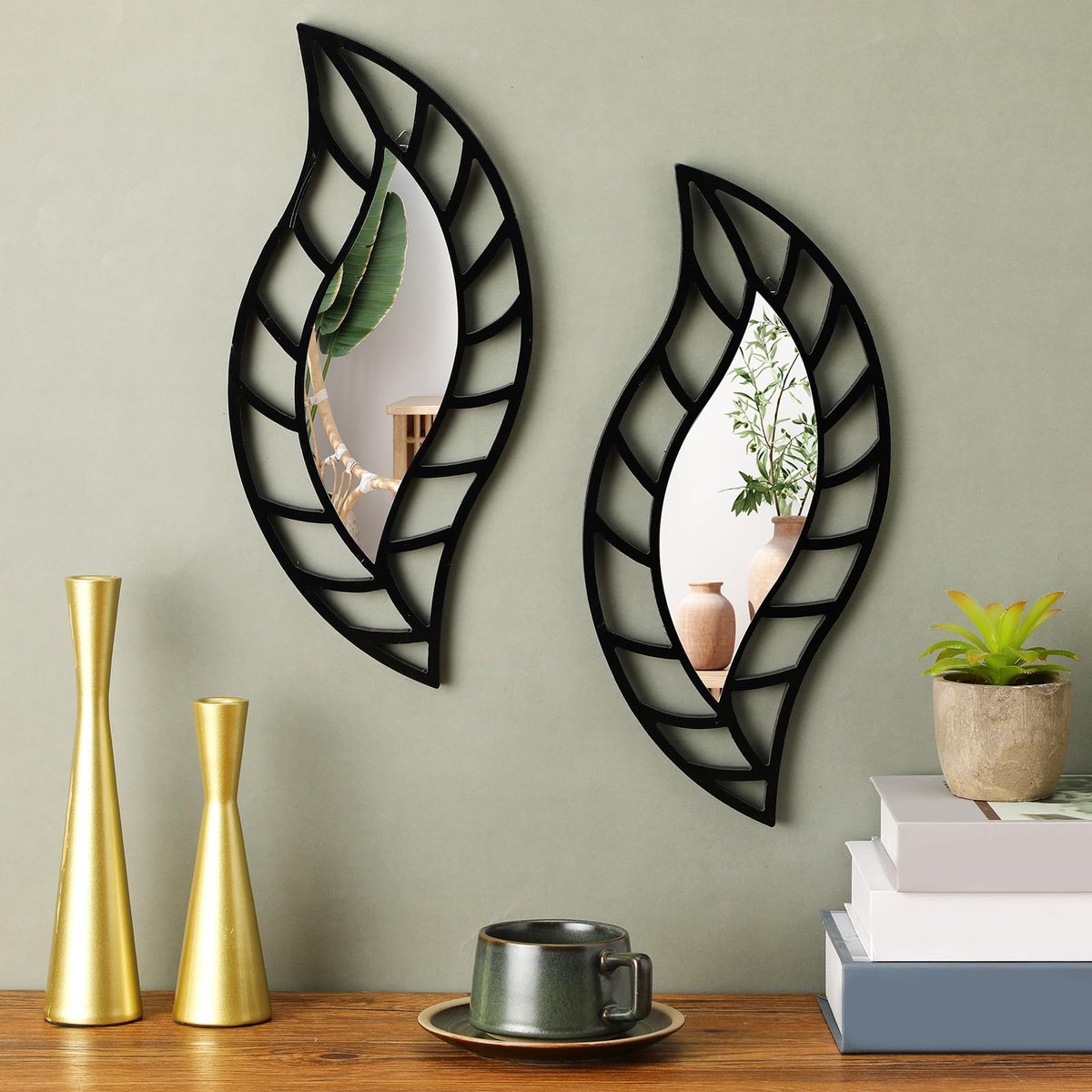 PZCC Set van 2 Bladvormige Wandspiegels - Decoratieve Spiegel Wanddecoratie met Zwart Frame - Moderne Wandspiegel voor Woonkamer, Slaapkamer, Hal en Badkamer