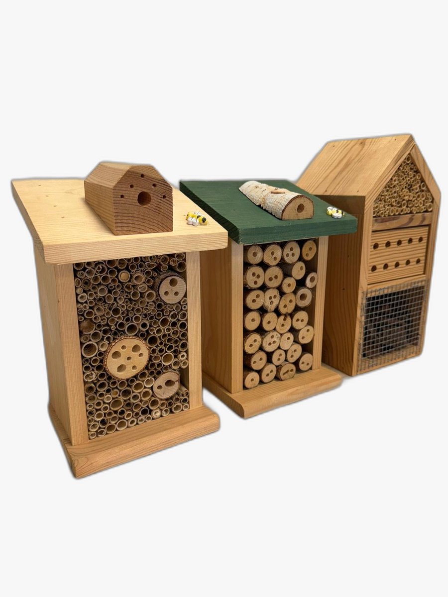3 stuks Insectenhotels-FSC Hout- Bijenhotel-Keurige afwerking. Natuurlijke materialen-3 verschillende soorten-Insectenhotel