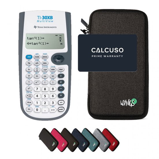 Texas Instruments TI-30XB MultiView rekenmachine, open donkergrijze WYNGS hoes, en een CALCUSO kaart.