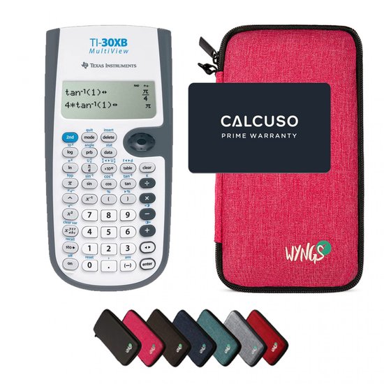 Texas Instruments TI-30XB MultiView rekenmachine met roze hoes, een donkerblauwe garantiekaart en zes gekleurde hoezen.