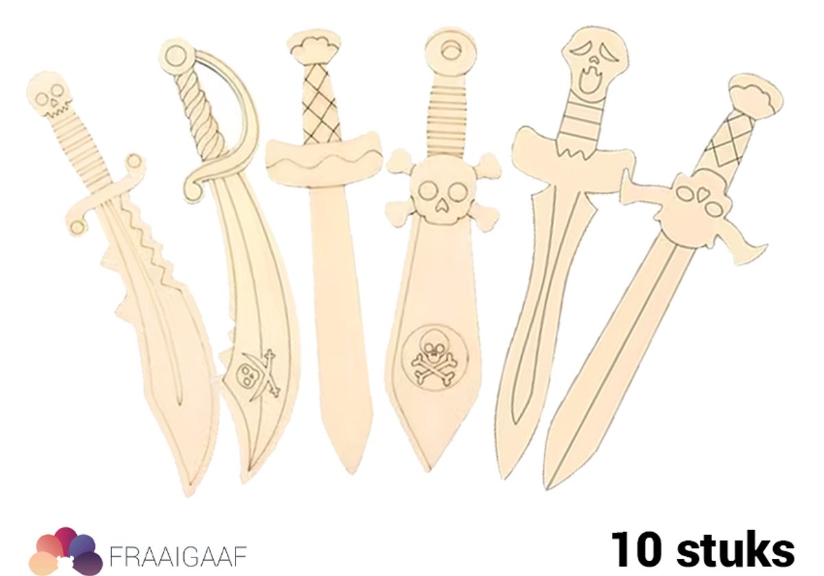 Houten zwaarden - 10 stuks - Versier je eigen houten zwaard - Knutselpakket piratenfeest - DIY knutselset kinderfeestje – Piraten feest knutselset - Knutselen met kinderen - Knutselen voor vaderdag - Cadeau voor papa