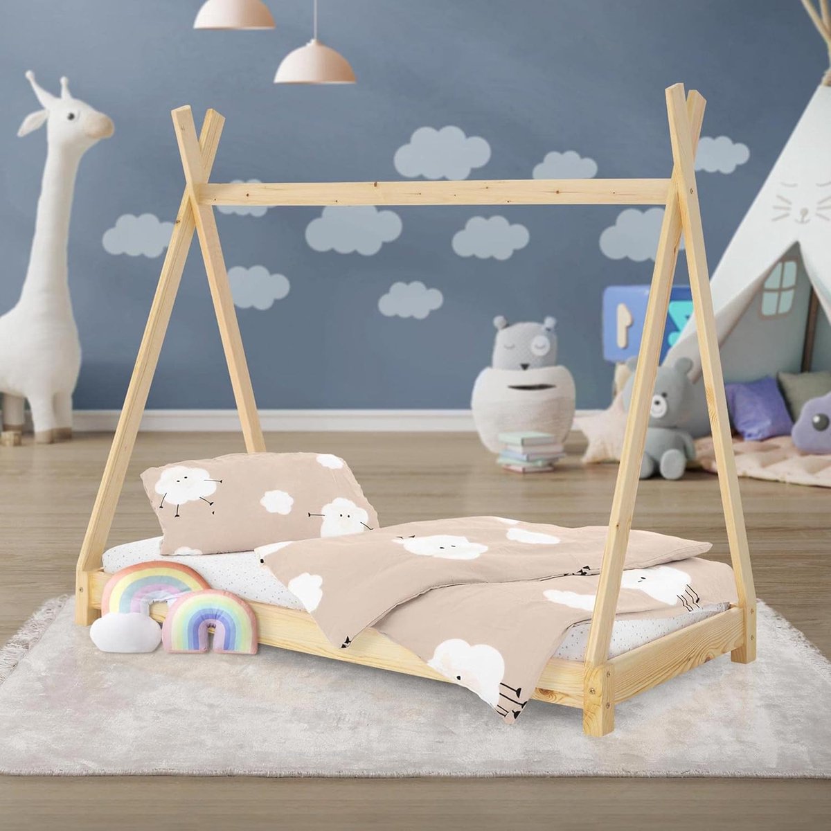 Kinderbed Tipi - Huisbed Speelbed - Spelend Slapen - Massief Grenenhout - 70x140 cm - Naturel
