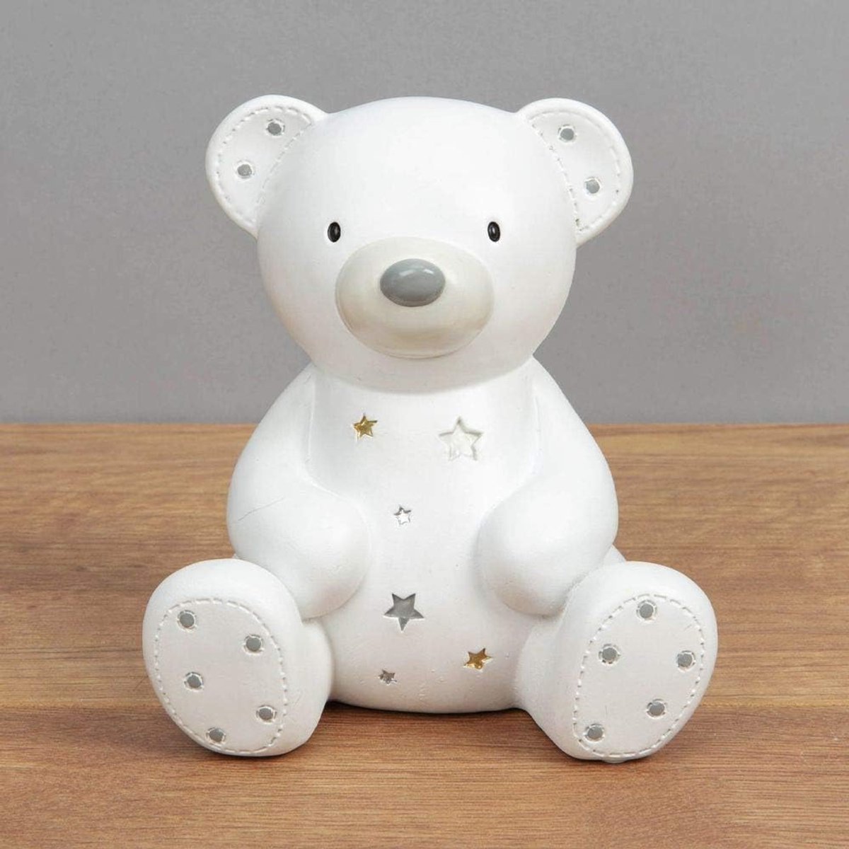 SnelShoppen - Witte Hars Spaarpot Teddybeer met Kristallen Sterren - Babycadeau voor Doop, Babyshower - 12 x 11 x 9 cm - Uniek en Schattig Geschenk vo