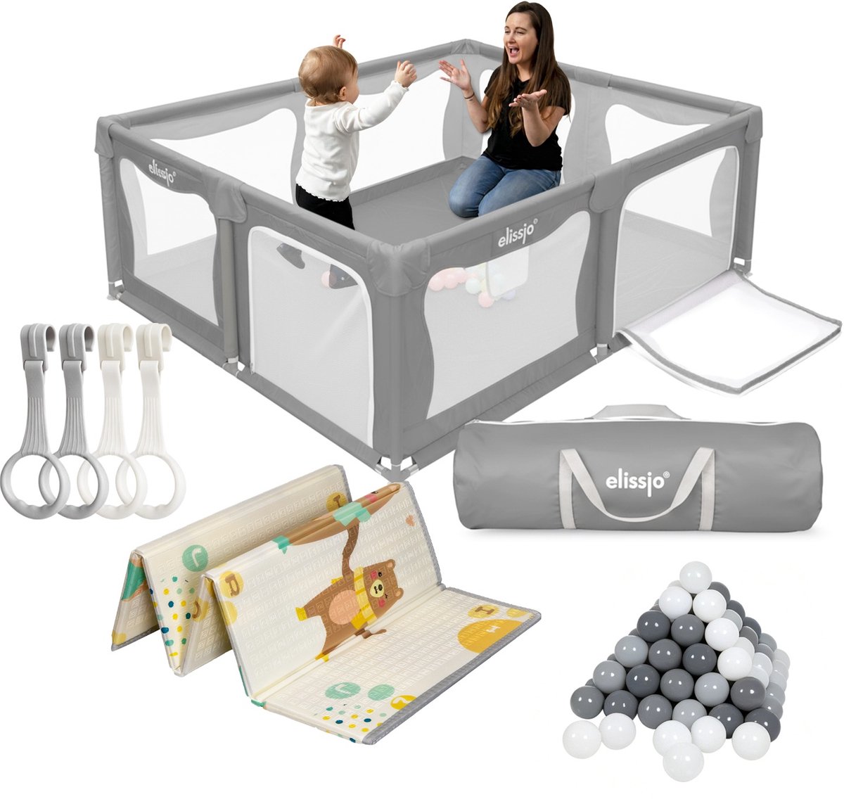 Elissio® - Grondbox Baby – Inclusief Dubbelzijdige Speelmat – Baby Speelbox met 50x Speelballen - Kinderbox - Playpen 4 trekringen - 180x150 CM - Grijs