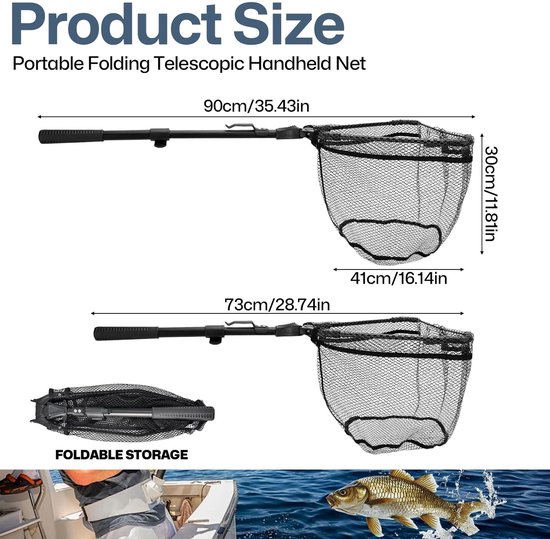 Schepnet Vissen - Opvouwbaar Visnet - Vissen Vangen - Rubberen Net - 90 cm - Zwart — afbeelding 5