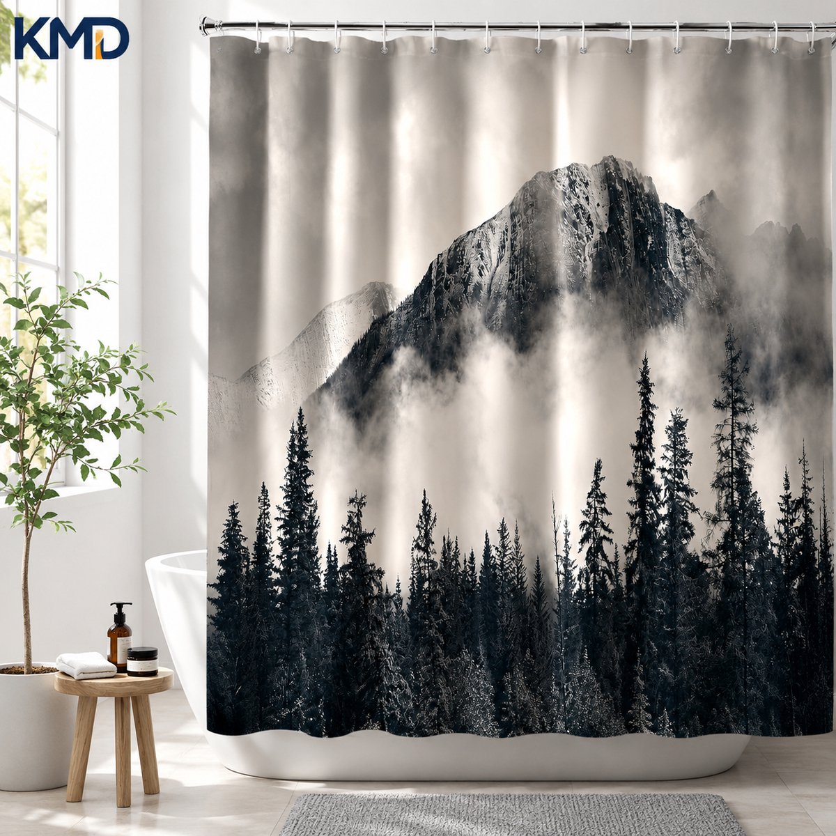KMD Douchegordijn Waterafstotend Textiel 180x200cm - Natuurlijk Landschap Zwart/Wit - Wasbaar met 12 Metalen Ogen