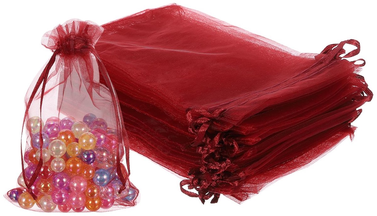 SnelShoppen - 100 Stuks Bordeauxrode Organza Zakjes 10x15 cm - Mini Cadeauzakjes met Trekkoord voor Bruiloft, Feest, Sieraden en Gunst