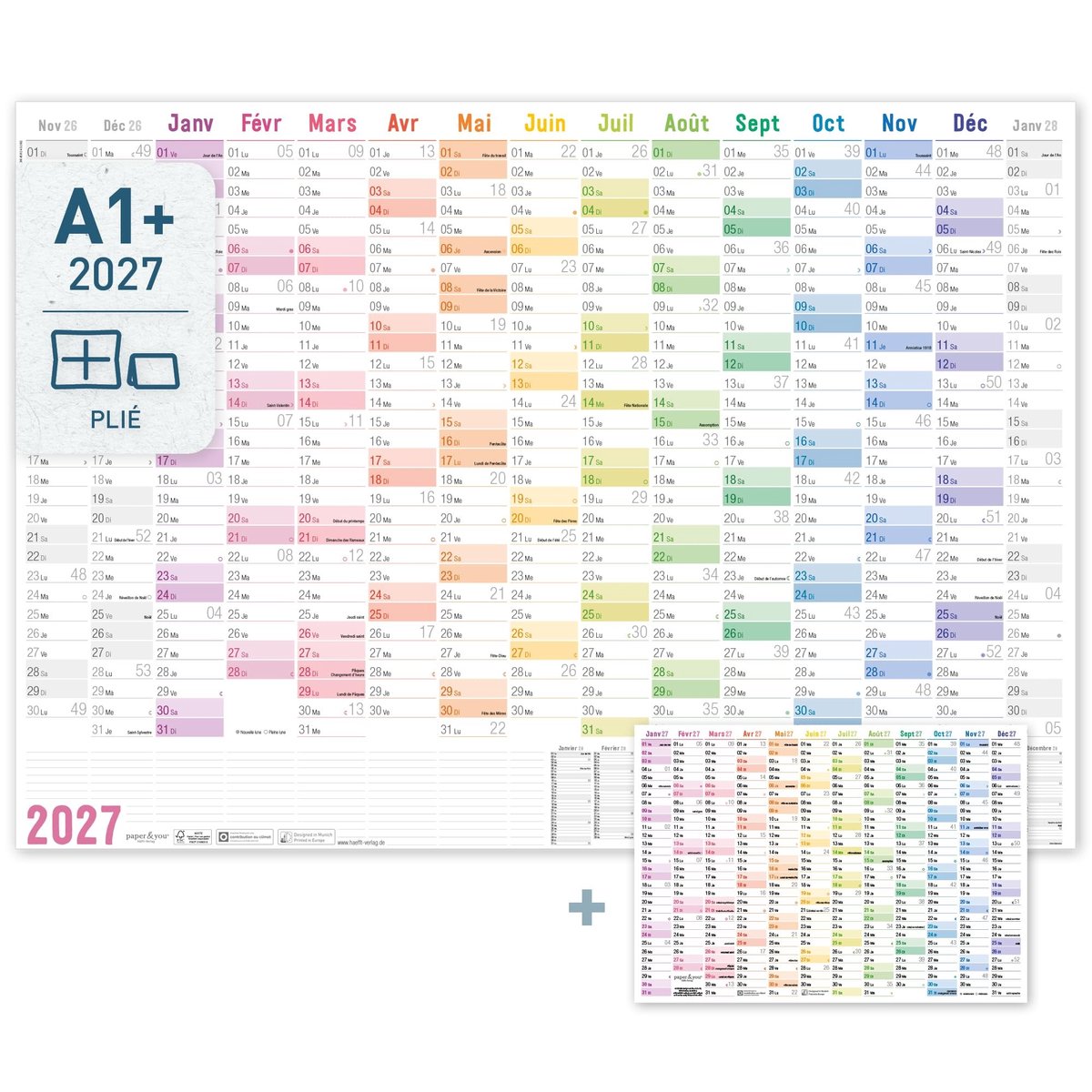Dailygoods- Wandkalender 2027 A1+ - Gevouwen Muurkalender - 15 Maanden - Kleurgecodeerde Indeling - Hoogwaardig Papier - Inclusief Jaarplanner