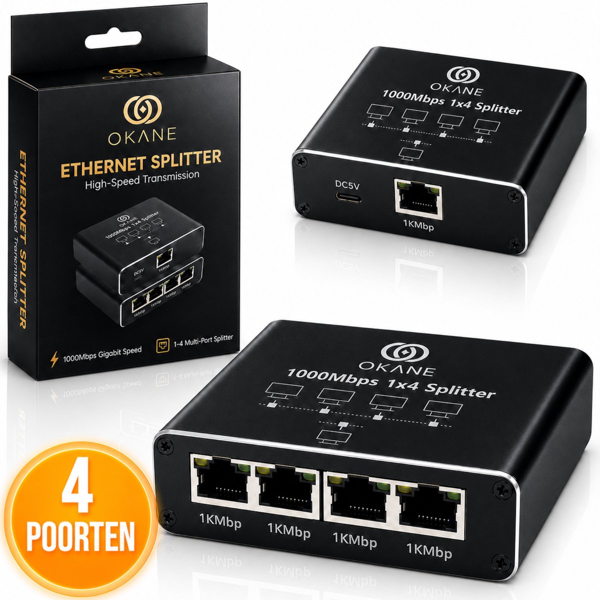 Okane Internet Splitter - 4 Poorten – Netwerk Switch – Tot 1000Mbps - Ethernet splitter – RJ45, CAT5 t/m CAT8 - Netwerk Splitter - Internet switch