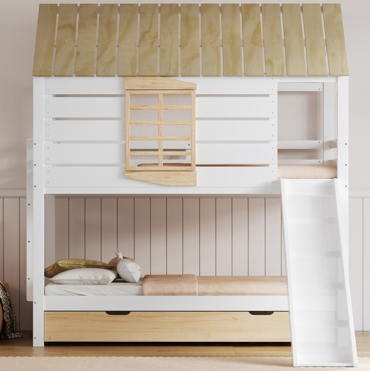MEUNIQ Stapelbed 90x200 cm in huisvorm met glijbaan en uitschuifbed, kinderbed voor de kinderkamer, met ladder, beschermhekken en lattenbodem, wit + naturel
