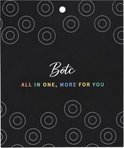 Zwarte achtergrond met witte cirkels, de tekst 'Botc ALL IN ONE, MORE FOR YOU' in gekleurde letters.