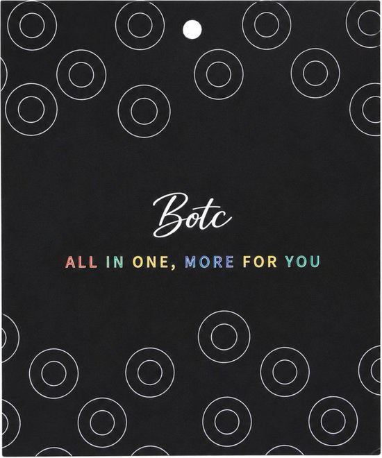 Zwarte achtergrond met witte cirkels, de tekst 'Botc ALL IN ONE, MORE FOR YOU' in gekleurde letters.