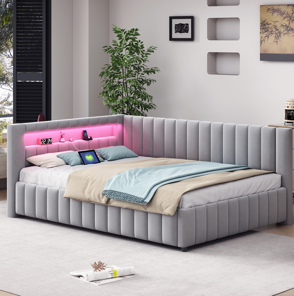 MEUNIQ slaapbank 140x200 cm met LED-verlichting en USB-oplaadpunt, gestoffeerd bed met lattenbodem, rugleuning en hoofdbord voor slaapkamer of logeerkamer, grijs