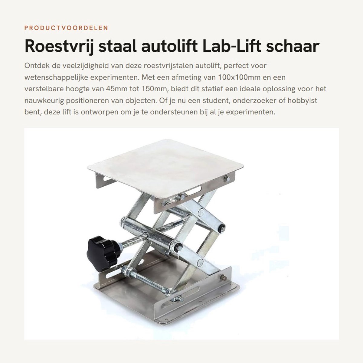 Dailygoods- Autolift Roestvrij Staal - Lab-Lift - Schaarlift - Hoogte Verstelbaar - 100x100mm - Ondersteuningsapparaat voor Experimenten - Hefplatform