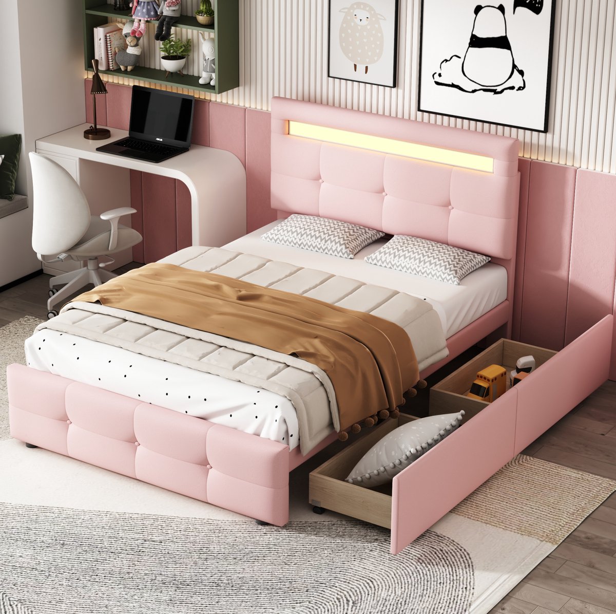 MEUNIQ gestoffeerd eenpersoonsbed 90x200 cm met LED-verlichting, 2 lades, verstelbaar hoofdbord, lattenbodem en opbergruimte voor slaapkamer of kinderkamer, roze
