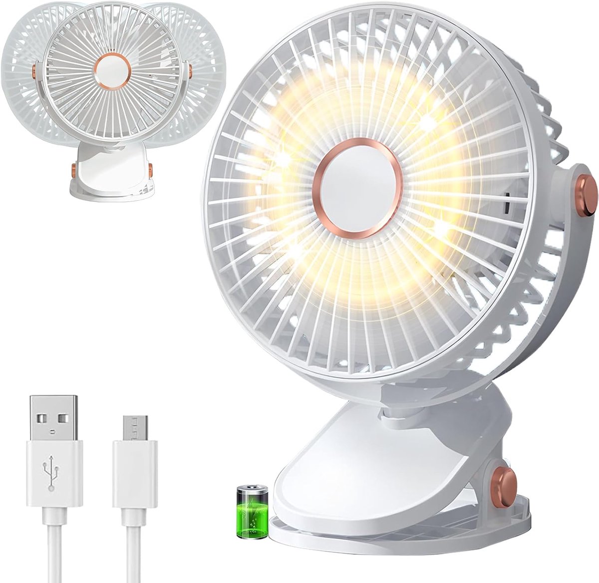 YAGXIG USB-bureauventilator - Kleine bureauventilator - 5 windsnelheden - 360° draaibaar - Met LED-verlichting - Draagbare ventilator - Geschikt voor kantoor, thuis, slaapkamer, auto, buitenkamperen - Wit