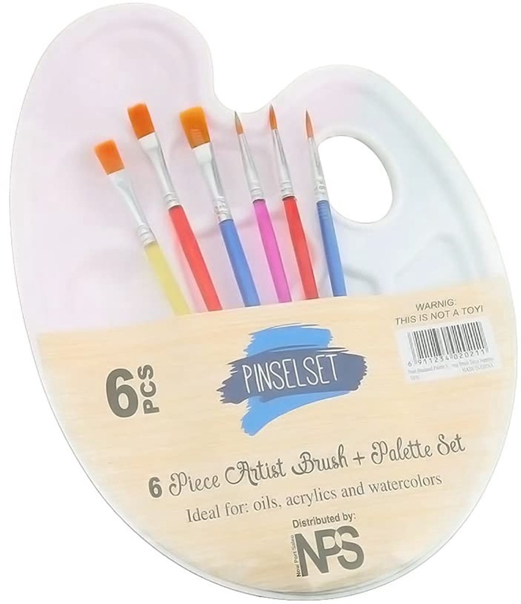 Dailygoods- Verfpalet Transparant Plastic 23 x 17 cm - 6 Stuks Verfborstels - Aquarel/Acryl/Olie - Doe-Het-Zelf Ambacht - Professioneel Schilderen - Schilderpalet
