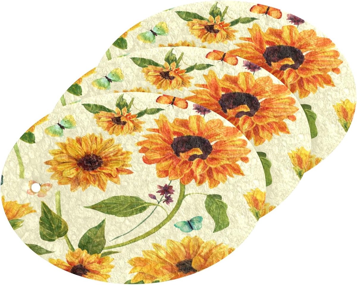 Keuken Spons - Schotel Scrubber - Efficiënt Schoonmaken - Krasvrij Reinigen - 3 Stuks - Zonnebloemen