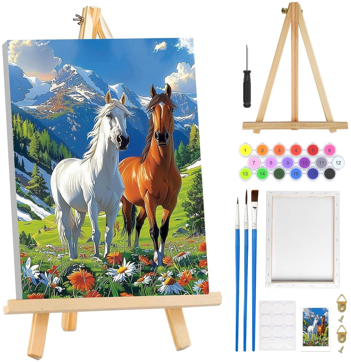 Dailygoods- Schilderen op Nummer - Paardenverf voor Volwassenen - Eenvoudige Doe-Het-Zelf Kits - Ingelijst Canvas met Ezel - Inclusief Penselen en Acrylverf - Creatieve Hobby voor Beginners - Verfset