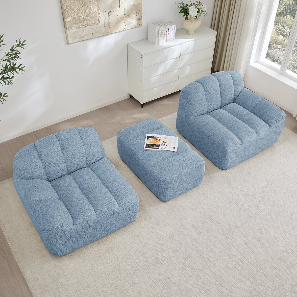DESMIU Hoekbank 210 Cm - Modulaire L Vorm Met Ottoman En Zonder Montage - Voor Woonkamer En Appartement - Granulair Fleece Blauw