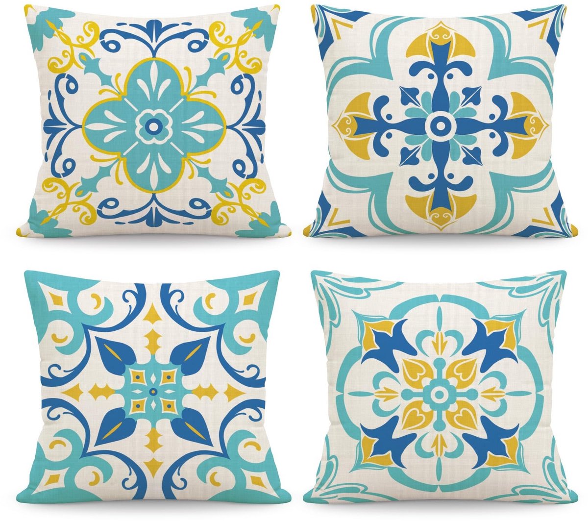 Dailygoods- Kussenhoezen Set van 4 - Boho Bloemenprint - Linnen 45 x 45 cm - Verborgen Ritssluiting - Machinewasbaar - Decoratieve Kussenhoezen - Kussenslopen