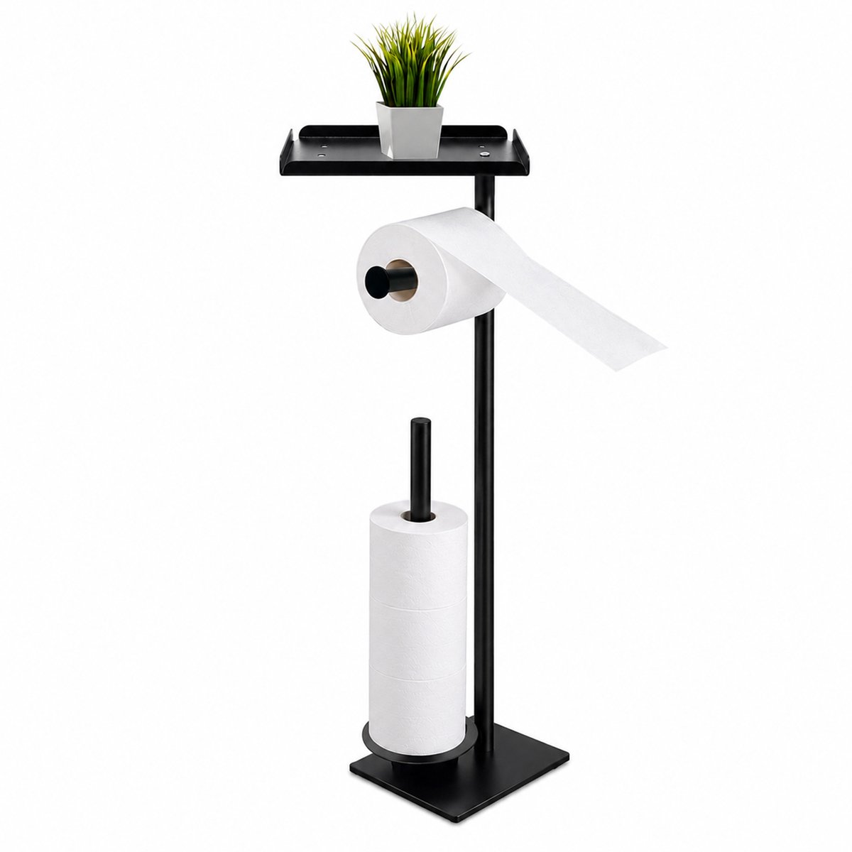 WC Rolhouder - Staand - Zonder boren - Met Plankje - Reserverolhouder - Toiletpapierhouder - Vrijstaand - 3 in 1 - Zwart